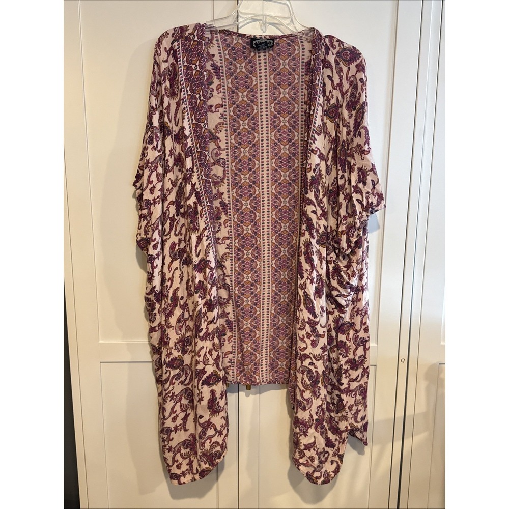 Angie Pink Bohemian Paisley Rayon Kimono Cardigan Open Front Cover Up Small